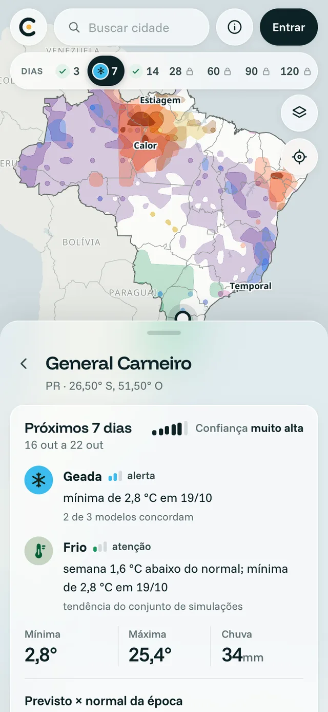 Tela de General Carneiro, no Paraná: geada em alerta, mínima de 2,8 °C em 19 de outubro, 2 de 3 modelos concordam.