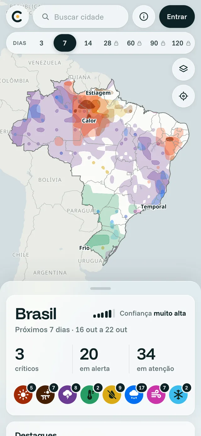 Tela do mapa do Brasil com as manchas de risco dos próximos 7 dias e o resumo: 3 críticos, 20 em alerta, 34 em atenção.